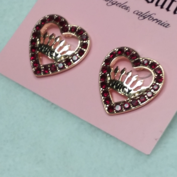 Stud Heart Pierce Earrings Gold Tone Red Rhinestones Juicy Couture - Picture 2 of 4